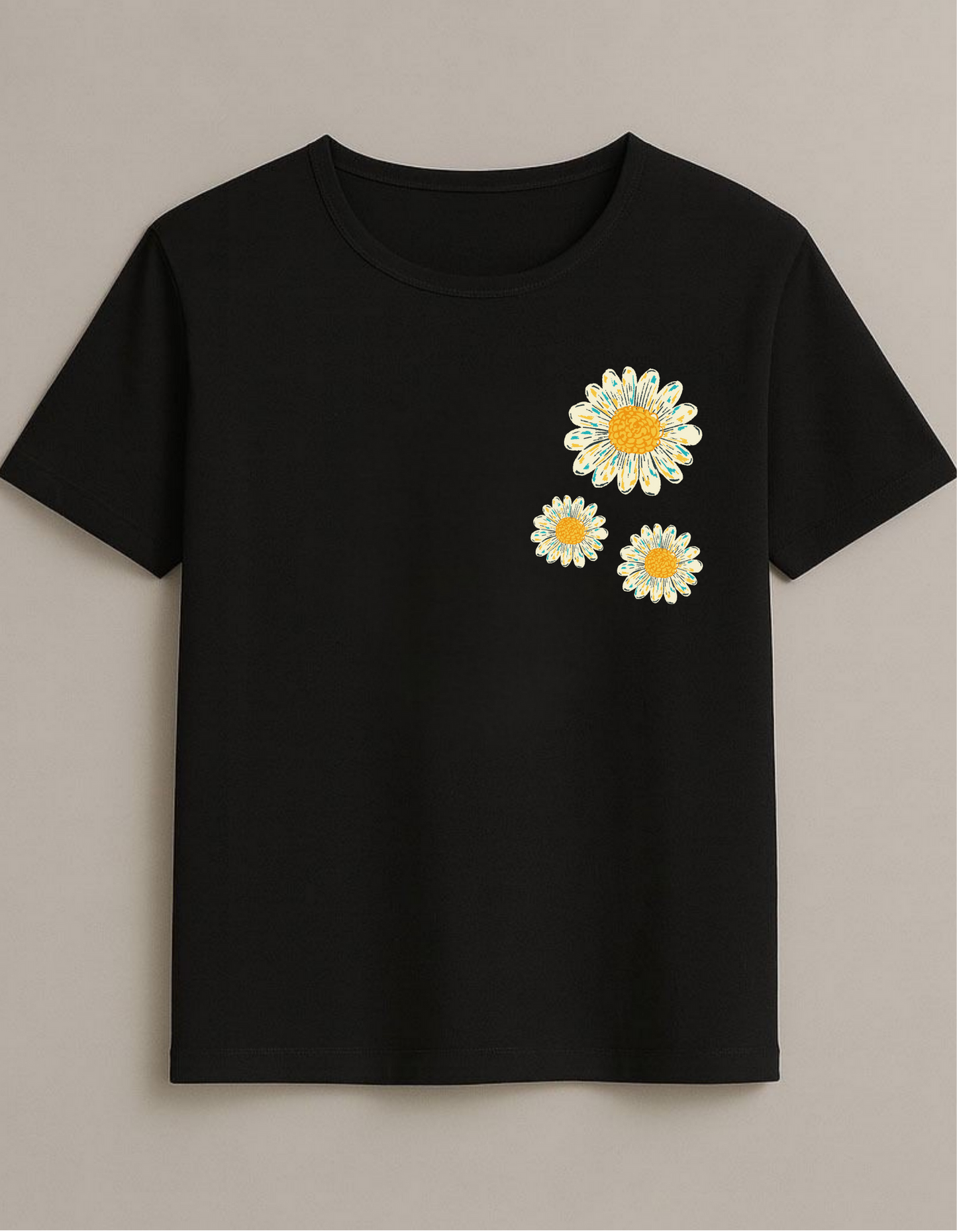 Siyah Papatya Buketi Baskılı T-Shirt - Minimalist Çiçek Tasarımlı Pamuklu Tişört