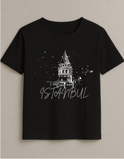 İstanbul Galata Kulesi Baskılı Beyaz T-Shirt - Unisex Pamuklu Tasarım Tişört