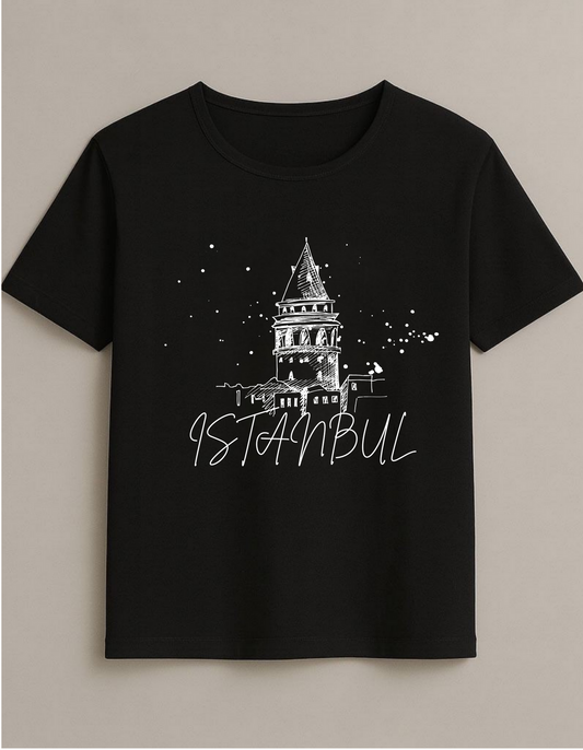 İstanbul Galata Kulesi Baskılı Beyaz T-Shirt - Unisex Pamuklu Tasarım Tişört