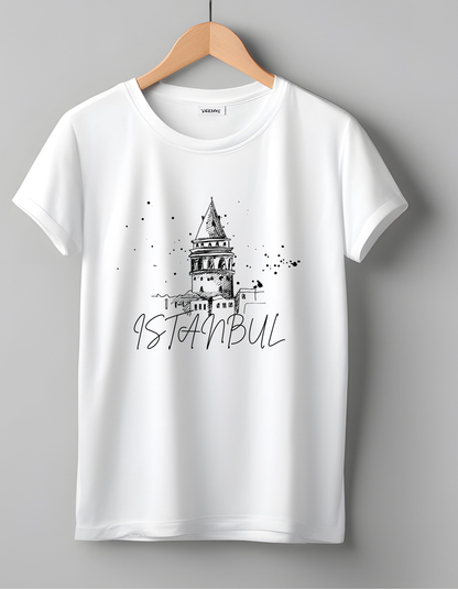 İstanbul Galata Kulesi Baskılı Beyaz T-Shirt - Unisex Pamuklu Tasarım Tişört