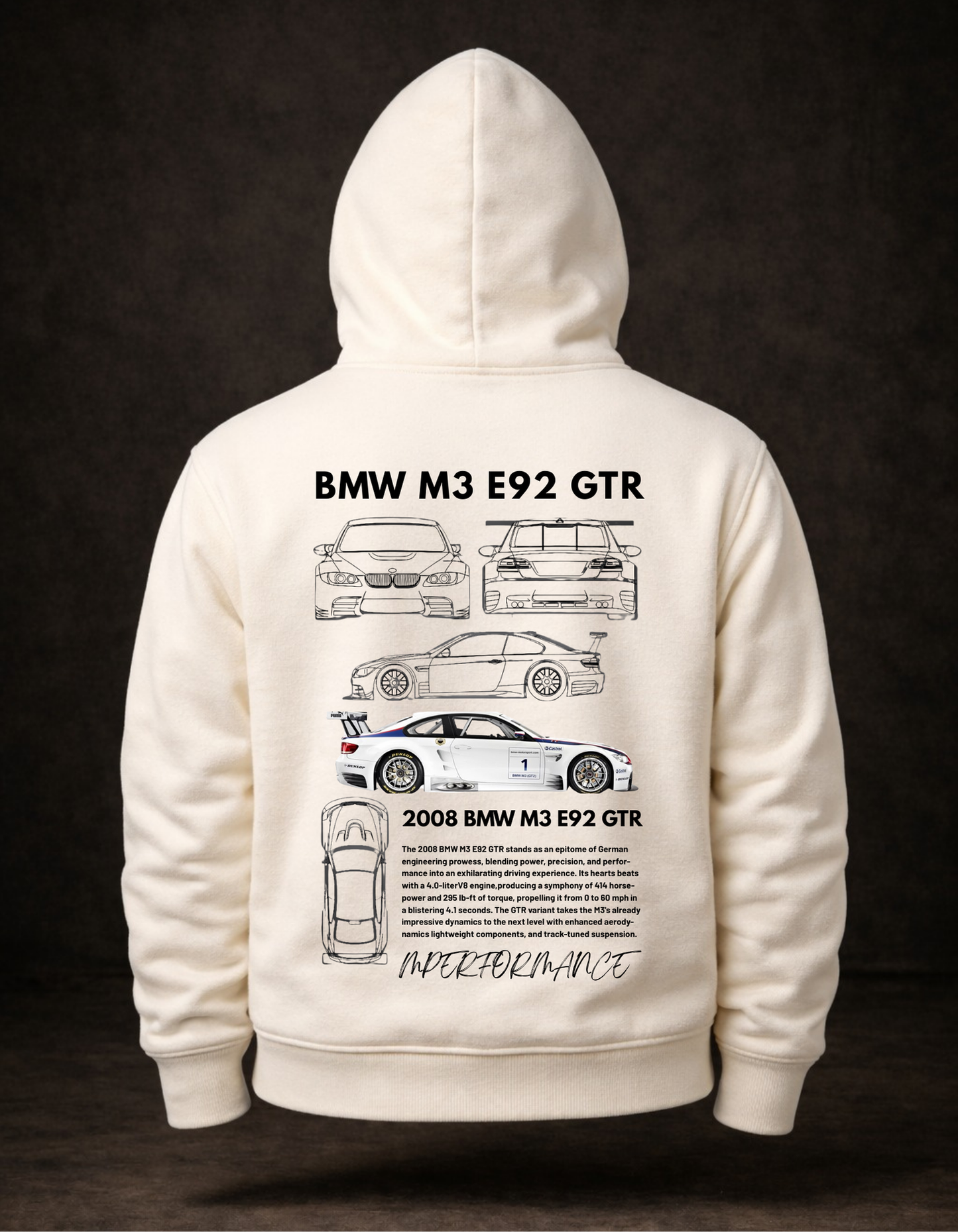 BMW M3 E92 GTR Teknik Çizim Baskılı Hoodie - M Performance Motorsport Kapüşonlu