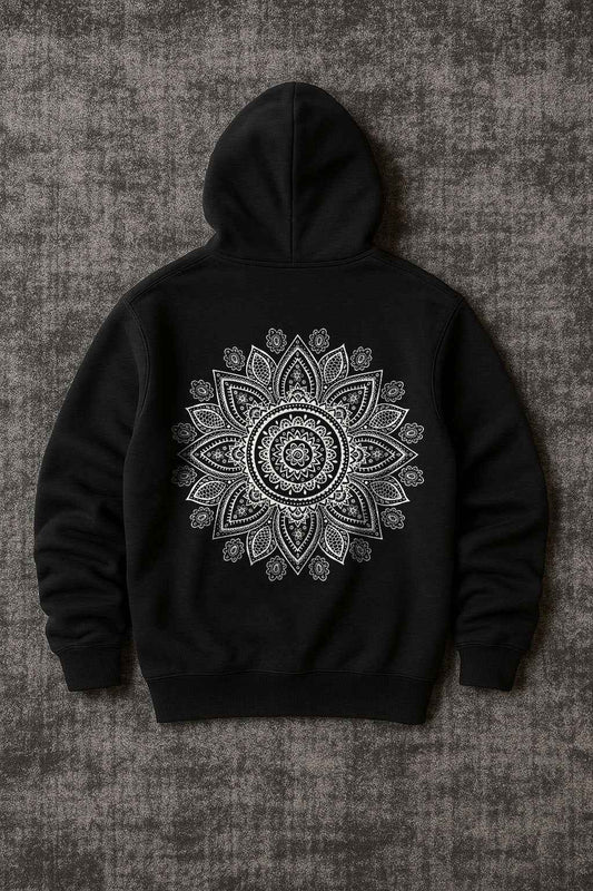 El İşlemesi Görünümlü Spiritüel Oversize Siyah Hoodie - Vera Wear Print