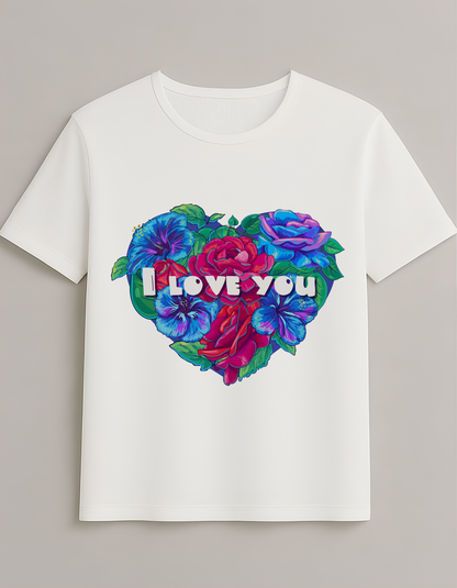 Çiçek Kalp Baskılı Unisex T-Shirt - "I Love You" Yazılı Romantik Tasarım Tişört