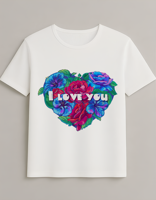 Çiçek Kalp Baskılı Unisex T-Shirt - "I Love You" Yazılı Romantik Tasarım Tişört