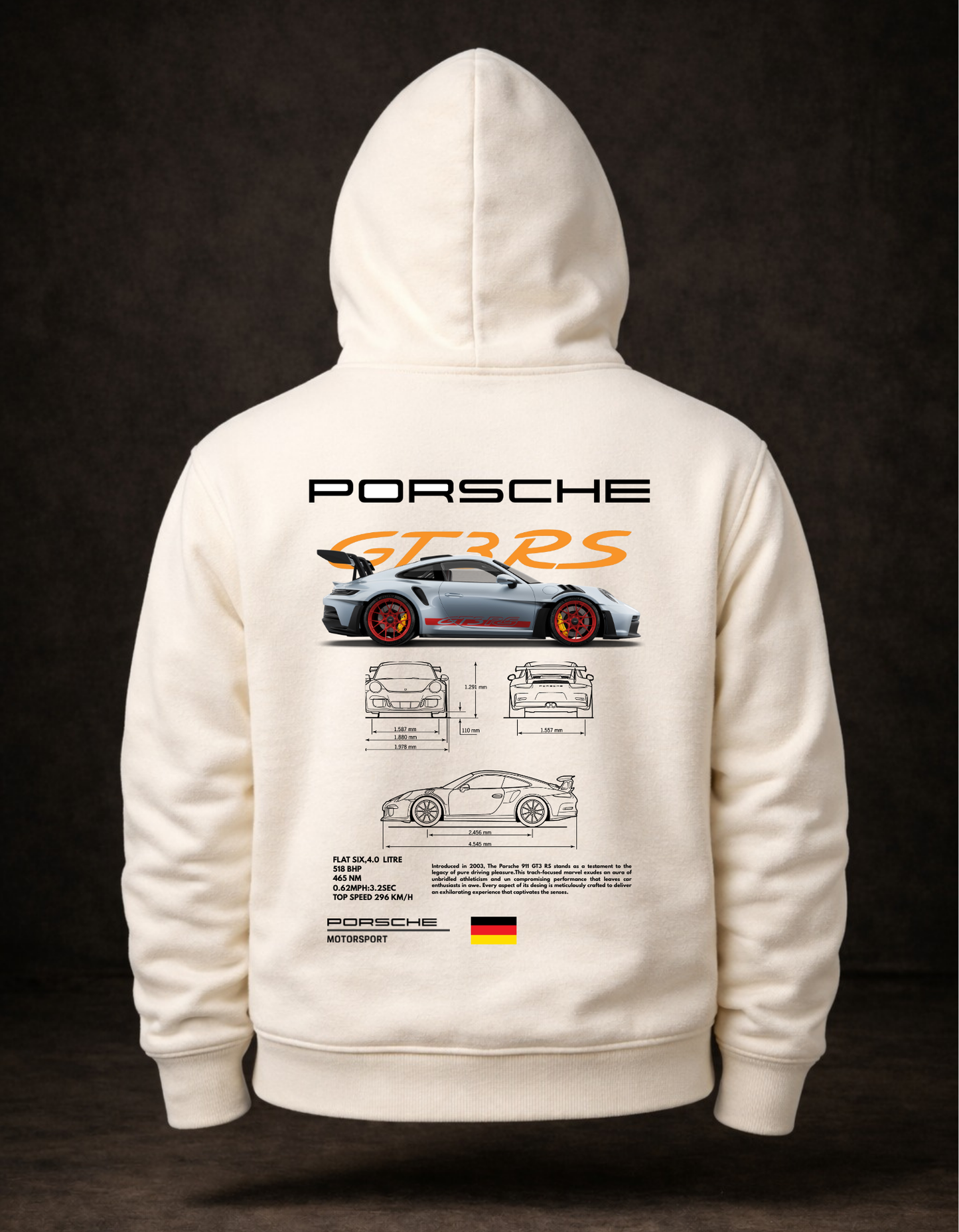 Porsche GT3 RS Motorsport Serisi: Teknik Detay Baskılı Premium Hoodie