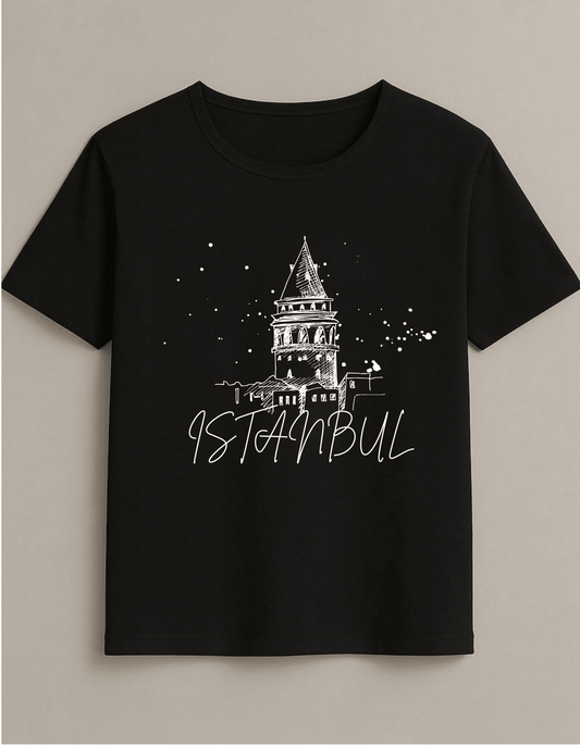 İstanbul Galata Kulesi Baskılı Beyaz T-Shirt - Unisex Pamuklu Tasarım Tişört - Vera Wear Print