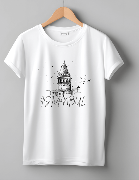 İstanbul Galata Kulesi Baskılı Beyaz T-Shirt - Unisex Pamuklu Tasarım Tişört - Vera Wear Print