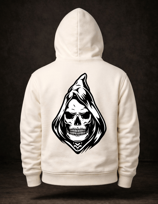 Karanlık Stil: Kapüşonlu Kurukafa Baskılı Beyaz Hoodie - Vera Wear Print