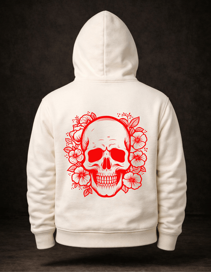 Red Floral Skull – Sanatsal Grafik Baskılı Ekru Hoodie - Vera Wear Print
