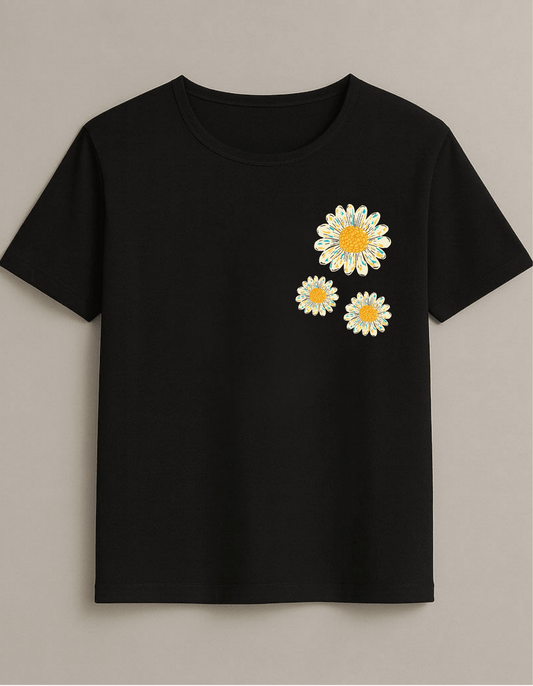 Siyah Papatya Buketi Baskılı T-Shirt - Minimalist Çiçek Tasarımlı Pamuklu Tişört - Vera Wear Print